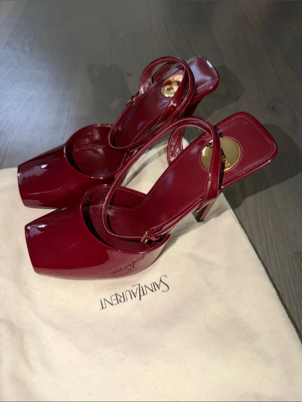 Saint Laurent Red Patent Leather Square-Toe Ankle-Strap Heels - Picture 2 of 4